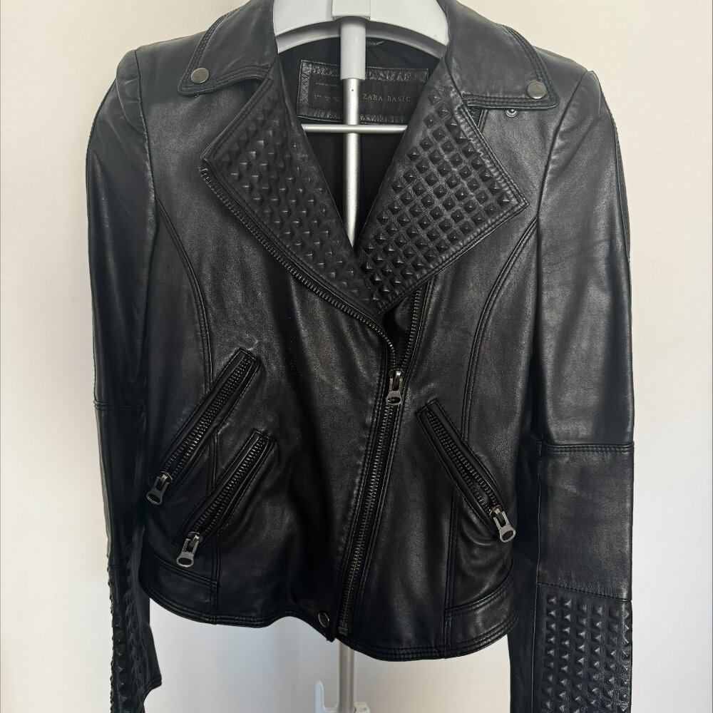 Zara Basic Collection Genuine Black Lamb Leather Embossed Studded Jacket - Picture 3 of 6